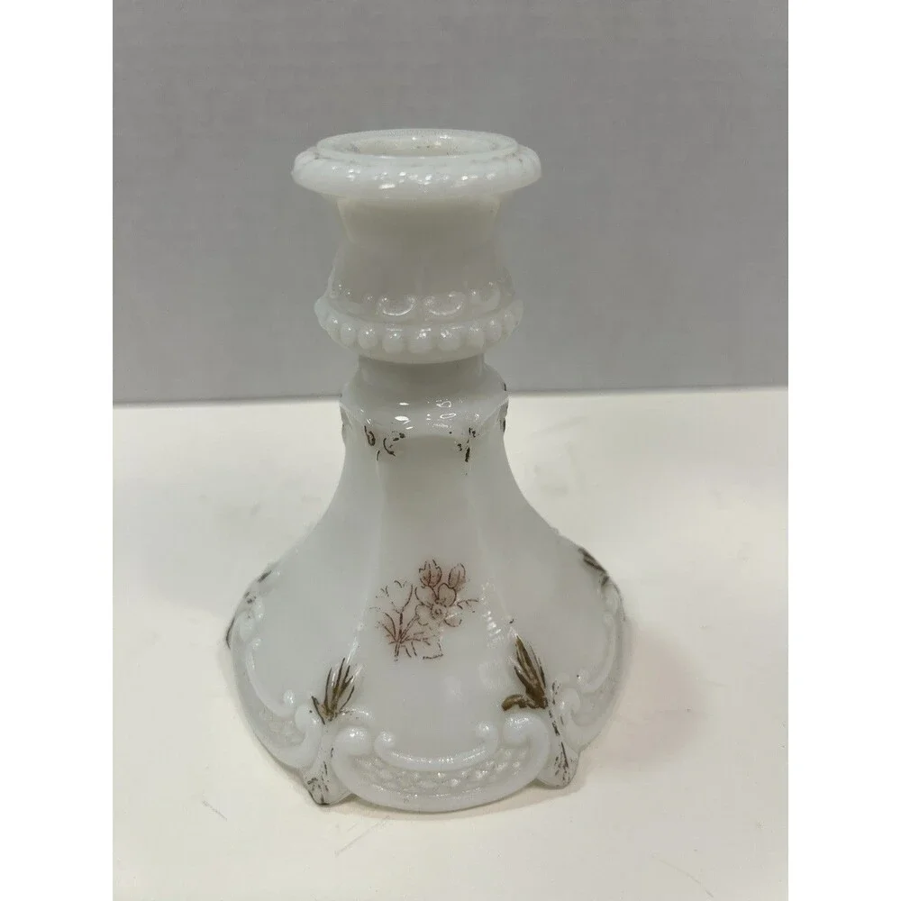 Antique Victorian Milk Glass Candle Holder Stem Vanity Ornate EAPG Candlestick